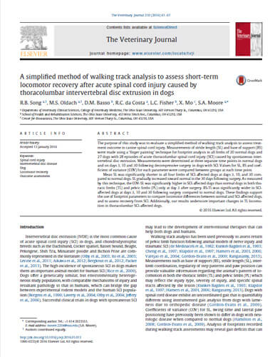 A simplified method of walking track analysis to assess locomotor recovery after acute spinal cord injury caused by thoracolumbar intervertebral disc extrusion in dogs. Veterinary Journal (2016)