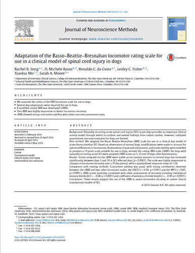 Adaptation of the Basso-Beattie-Bresnahan locomotor rating scale forb use in a clinical model of spinal cord injury in dogs. Journal of Neuroscience Methods (2016)