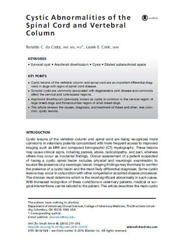 Cystic abnormalities of the spinal cord and vertebral column. Veterinary Clinics of North America – Small Animal Practice (2016)