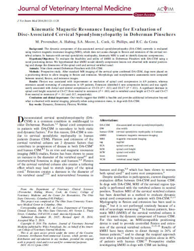 Kinematic magnetic resonance imaging for evaluation of disc-associated cervical spondylomyelopathy in Doberman Pinschers. Journal of Veterinary Internal Medicine (2016)