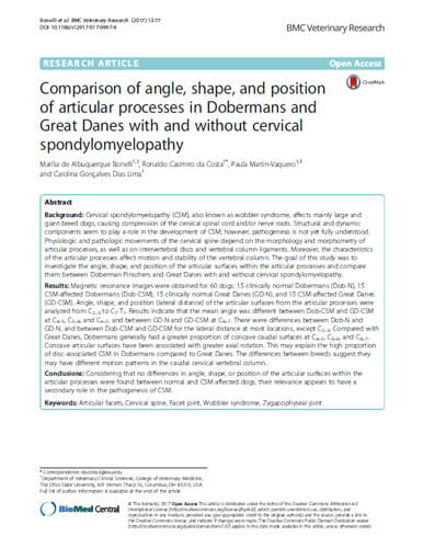 Comparison of angle, shape, and position of articular processes in Dobermans and Great Danes with and without cervical spondylomyelopathy. BMC Veterinary Research (2017)