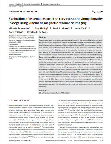 Evaluation of osseous-associated cervical spondylomyelopathy in dogs using kinematic magnetic resonance imaging. Veterinary Radiology and Ultrasound (2017)