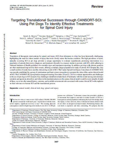 Targeting Translational Successes through CANSORT-SCI: Using Pet Dogs To Identify Effective Treatments for Spinal Cord Injury. Journal of Neurotrauma (2017)