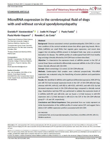 Cerebrospinal fluid miRNA Profiling of dogs With and Without Osseous associated Cervical Spondylomyelopathy. Journal of Veterinary Internal Medicine (2019)