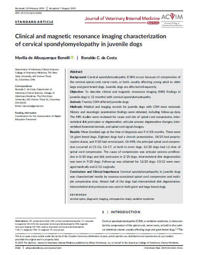 Clinical and magnetic resonance imaging characterization of Cervical Spondylomyelopathy in Juvenile Dogs (2019)