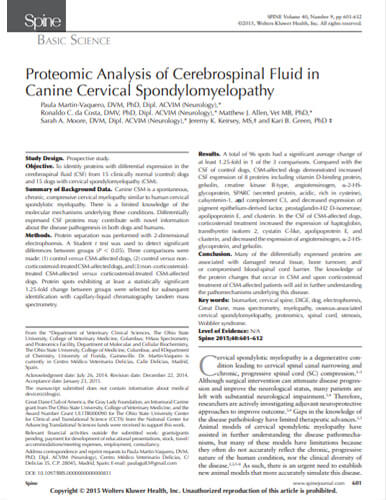 Proteomic analysis of cerebrospinal fluid in canine cervical spondylomyelopathy (2015)
