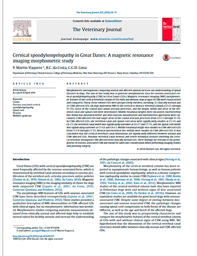 Cervical spondylomyelopathy in Great Danes: a magnetic resonance imaging morphometric study. The Veterinary Journal (England) (2014)