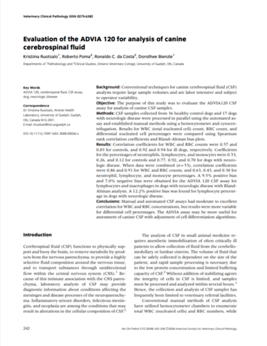Evaluation of the ADVIA 120 for analysis of the canine cerebrospinal fluid. Veterinary Clinical Pathology (2008)