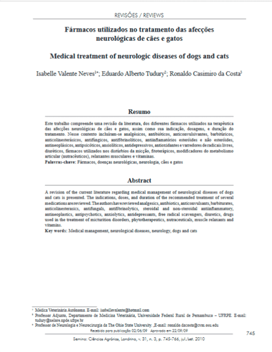 Fármacos utilizados no tratamento de afecções neurológicas de cães e gatos. Semina: Ciências agrárias (2010)