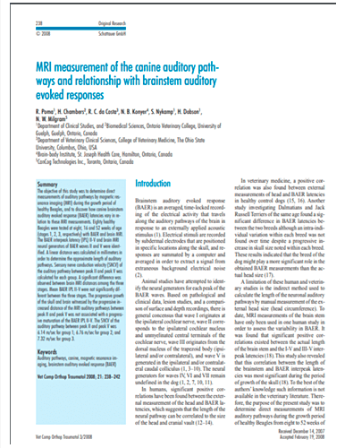 MRI measurement of the canine auditory pathways and relationship with brainstem auditory evoked responses. VCOT – Veterinary and Comparative Orthoapedics and Traumatology (2008)