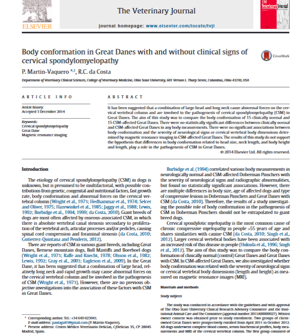 Body conformation in Great Danes with and without clinical signs of cervical spondylomyelopathy. The Veterinary Journal (2015)