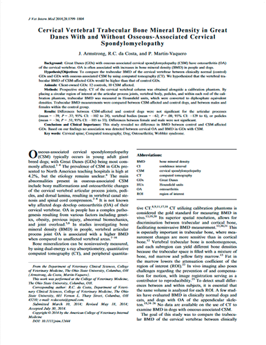 Cervical Vertebral Trabecular Bone Mineral Density in Great Danes With and Without Cervical Spondylomyelopathy (2014)