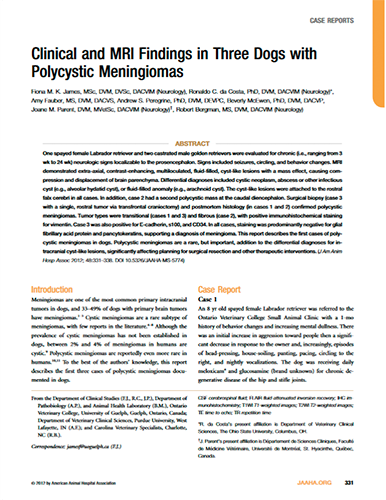 Clinical and MRI Findings in three dogs with polycystic meningiomas. Journal of the American Animal Hospital Association (2012)