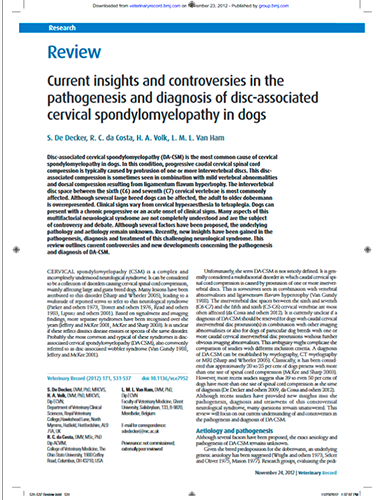Current insights and controversies in the pathogenesis and diagnosis of disc-associated cervical spondylomyelopathy in dogs. Veterinary Record (2012)