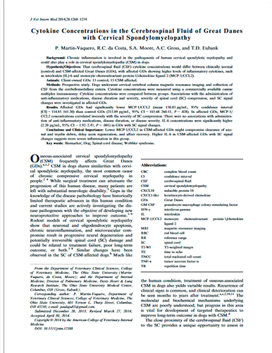 Cytokine concentrations in the cerebrospinal fluid of Great Danes with cervical spondylomyelopathy. Journal of Veterinary Internal Medicine (2014)