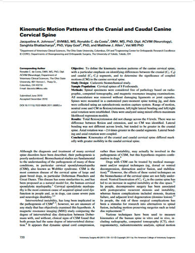 Kinematic motion patterns of the cranial and caudal canine cervical spine. Veterinary Surgery (2011)