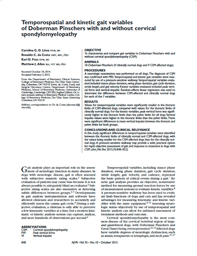 Temporospatial and kinetic variables of gait in Doberman Pinschers with and without Cervical Spondylomyelopathy (2015)