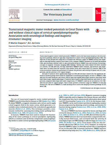 Transcranial magnetic motor evoked potentials in Great Danes with cervical spondylomyelopathy: association with neurologic findings and magnetic resonance imaging. The Veterinary Journal (England), (2014)