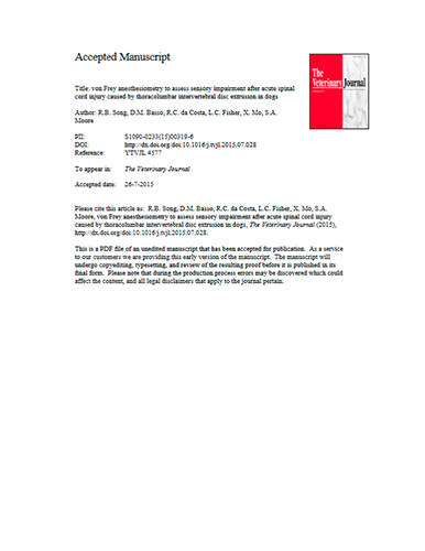 Utility and repeatability of von Frey anesthesiometry to assess recovery of sensory function after thoracolumbar intervertebral disc extrusion in dogs (2015)