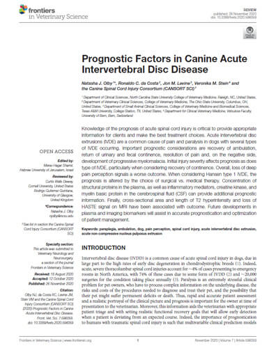 Prognostic factors in acute intervertebral disc herniation. Frontiers in Veterinary Science. (2020)